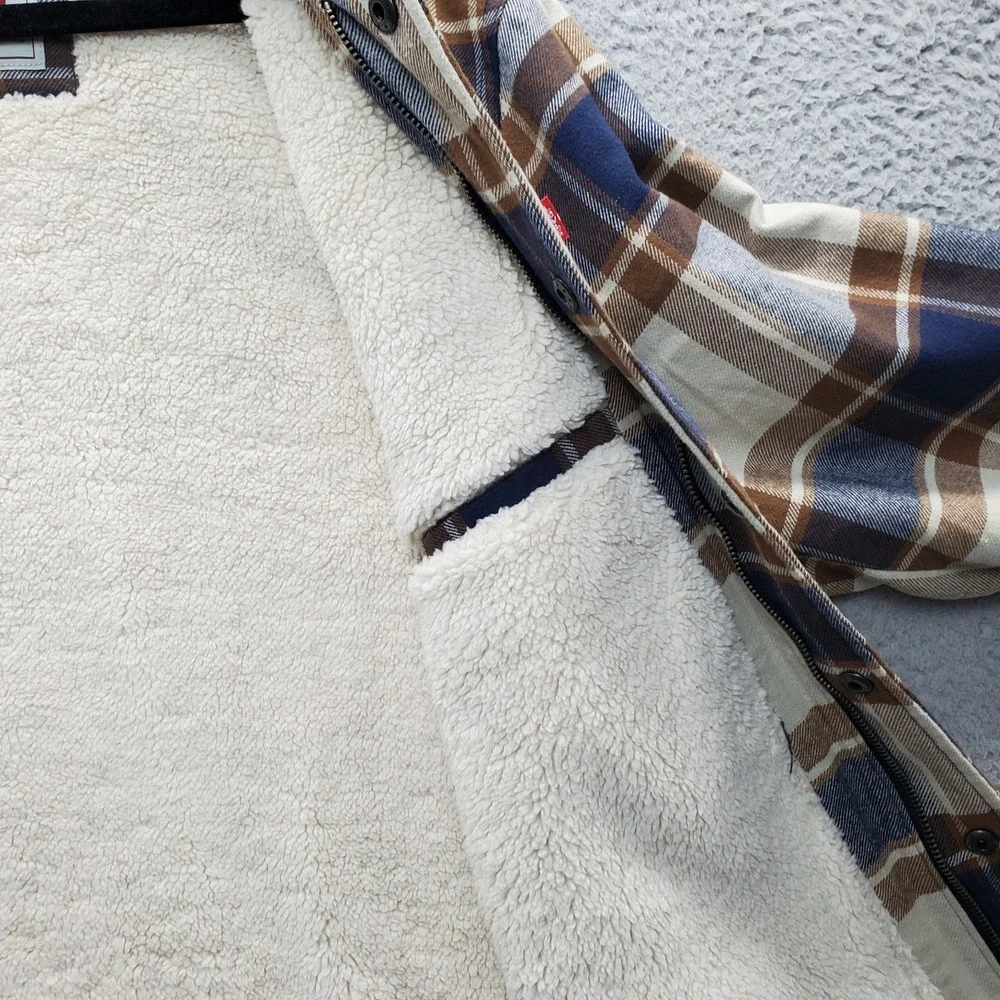 Levi's Flannel Shirt Jacket Men XL Multi Plaid Sherpa Lined Hood Snap Inside Zip - Picture 11 of 15